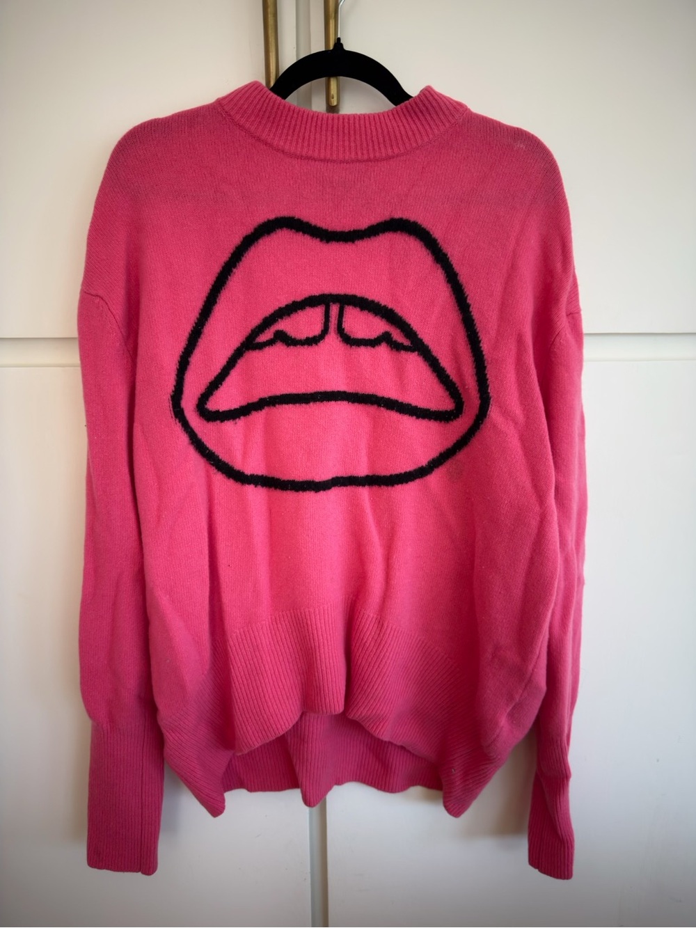 Markus Lupfer Hot Pink Crewneck Sweater with Black Lips Graphic